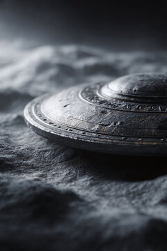 Mysterious artifact. Ufolike object on a grey, textured surface. Conceptual image for scifi, fantasy, or conspiracy theories. Perfect for book covers, posters.