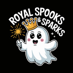 Ghost in a gold crown with sparkler, royal spooks and sparks text, festive Halloween royalty theme on dark background  