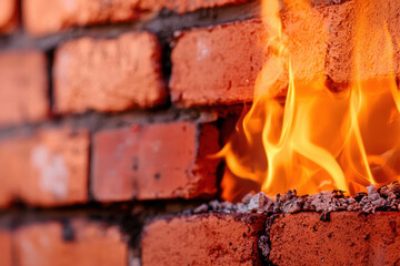 Flames emerge from brick wall, highlighting security risks and vulnerabilities in construction. fire intensity evokes concern