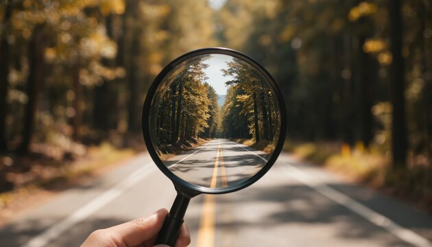 Magnifying glass focuses on forest road, symbolizing reflection and future planning. Person contemplates past actions for improved decisions and self-understanding.