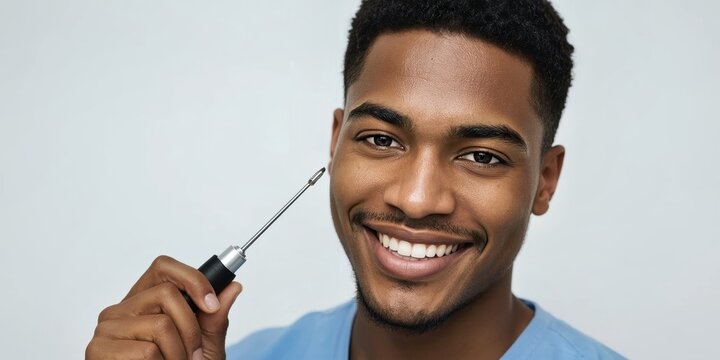 Bright Smiling Teeth. Young African man smiling holding dental floss o - Powered by Adobe