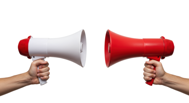 Two clean adult hands holding a white and red modern megaphone, matte finish, symmetrically arranged, facing each other, transparent studio background with copy space, high contrast, communication and