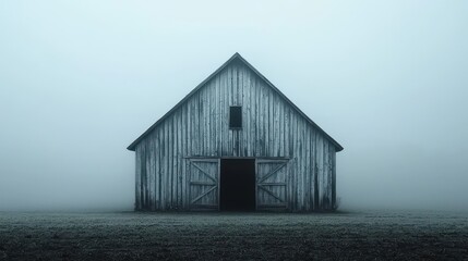 A solitary weathered barn stands amidst a foggy field, creating a mysterious and serene rural scene.