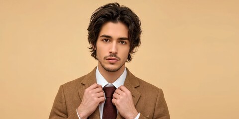 Young man with brown jacket adjusting tie confident portrait professional style suitable for business personal branding beige background studio lighting elegant fashion