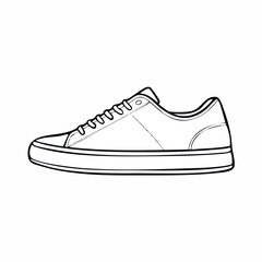Side view of a simple, outlined black and white sketch of a sneaker.