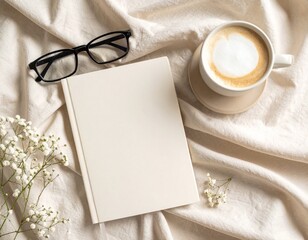 Minimal Home Office Scene with Latte, Glasses, and Planner on Linen Fabric