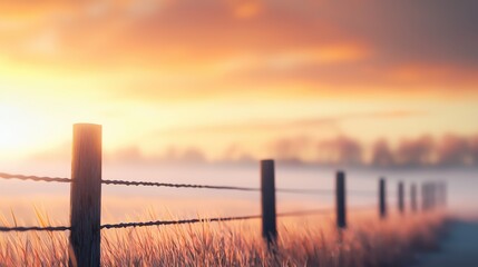 Fototapeta premium A soft-focus image of a rustic fence running through a field during a warm, glowing sunrise or sunset.