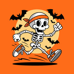 Skeleton running in orange bandana with bats flying, retro sneakers and Halloween sun setting, energetic Halloween race character  