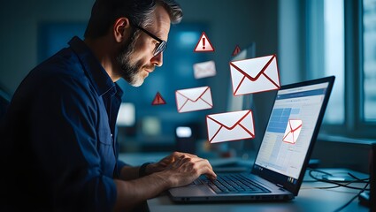 Spoofed emails and phishing scams with malicious attachments. Email and warning icons with exclamation marks. Man using laptop computer to check and respond to emails