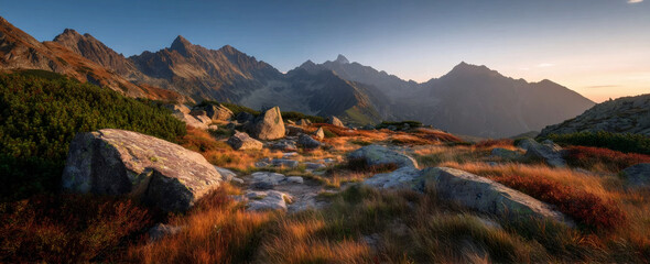 Sunset Alchemy: Red Rock Foreground Peaks Under Golden Light with Distant Tatra Summits   NatGeo-Style Layered Panorama in Summer © Mike