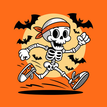 Skeleton running in orange bandana with bats flying, retro sneakers and Halloween sun setting, energetic Halloween race character  