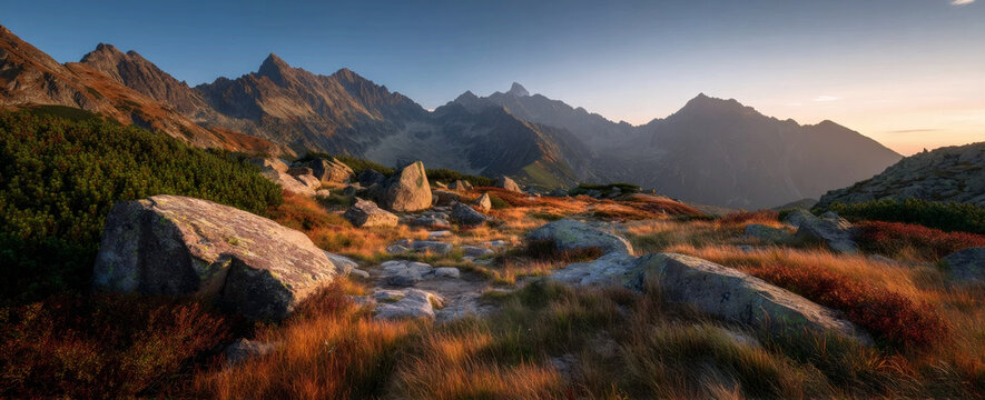 Sunset Alchemy: Red Rock Foreground Peaks Under Golden Light with Distant Tatra Summits | NatGeo-Style Layered Panorama in Summer