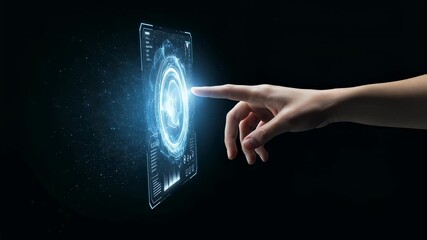 Hand of caucasian woman touching virtual screen. Futuristic hologram display with data graphics. Innovative technology concept footage. - Powered by Adobe