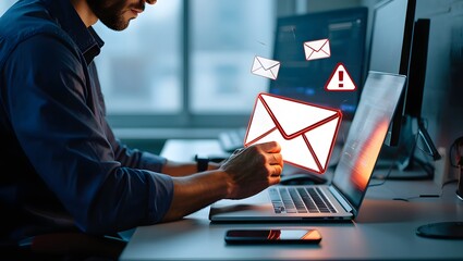 Spoofed emails and phishing scams with malicious attachments. Email and warning icons with exclamation marks. Man using laptop computer to check and respond to emails