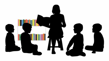 Silhouette of teacher reading to children with bookshelf in the background in a classroom setting
