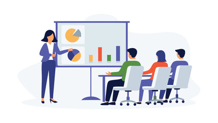 Woman presenting data charts to a group of people sitting in chairs at a business meeting room setting