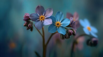 Close-up of delicate forget-me-not flowers in soft teal and blue tones.