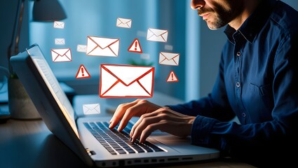 Spoofed emails and phishing scams with malicious attachments. Email and warning icons with exclamation marks. Man using laptop computer to check and respond to emails
