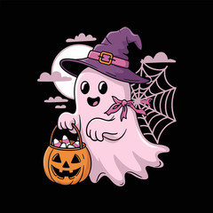 Ghost in witch hat holding pumpkin basket, spider web background, Halloween trick or treat, spooky cute vector illustration  