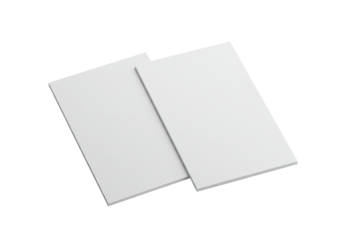 Two transparent, rectangular, blank paper sheets, matte finish, letter size, subtly overlapping on a seamless transparent studio background with soft shadows and ample copy space, concept of