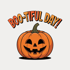 Happy jack o lantern with boo-tiful day phrase, smiling pumpkin, autumn leaves, festive Halloween greeting vector   © RA Studio