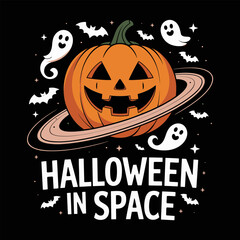 Grinning pumpkin with orbiting ring and floating ghosts, Halloween in space text below, spooky cosmic design on black background  