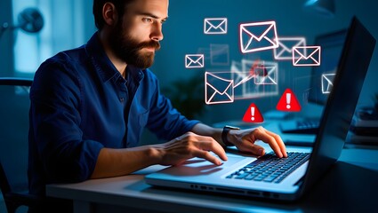 Spoofed emails and phishing scams with malicious attachments. Email and warning icons with exclamation marks. Man using laptop computer to check and respond to emails