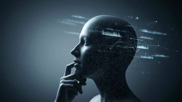 Woman with digital brain and data graphs. Concept of artificial intelligence, machine learning, and thinking process footage. - Powered by Adobe