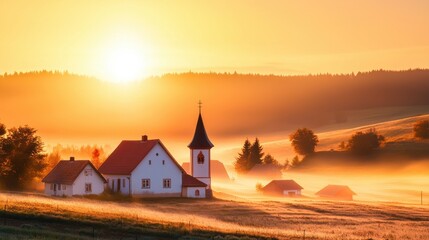 A serene countryside scene with a small church and houses bathed in warm sunrise light and morning mist over rolling hills.