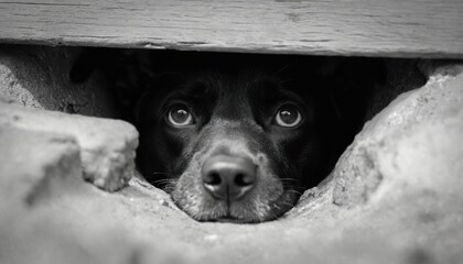 Black dog peeks through narrow opening. Its large eyes convey sense of sadness, fear, or loneliness. Black and white image creates moody, somber atmosphere, focusing on dog expressive face and plight.