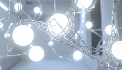 幾何学構造と白い光球が連なる未来的接続ネットワーク