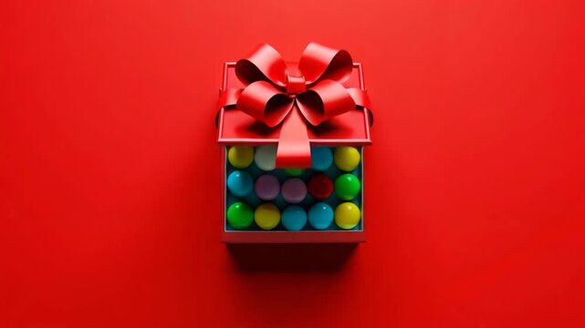 Video, Colorful gift box with ribbon and bright round items is opening, candies are inside, on red background , elegance 