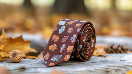 Stylish tie featuring fall foliage patterns, perfect for Thanksgiving celebrations, rests wooden surface surrounded by autumn