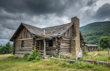 Fototapeta premium Rustic abandoned log cabin, weathered wood, stone chimney, overgrown meadow. Old farmhouse evokes history, solitude. Rural Wyoming landscape, cloudy sky, daytime scene.