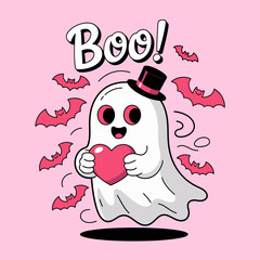 Blushing ghost tipped to the side in a top hat holding a floating pink heart, surrounded by fluttering bats under a boo title  