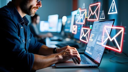 Spoofed emails and phishing scams with malicious attachments. Email and warning icons with exclamation marks. Man using laptop computer to check and respond to emails