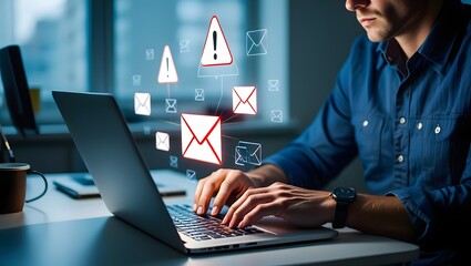 Spoofed emails and phishing scams with malicious attachments. Email and warning icons with exclamation marks. Man using laptop computer to check and respond to emails