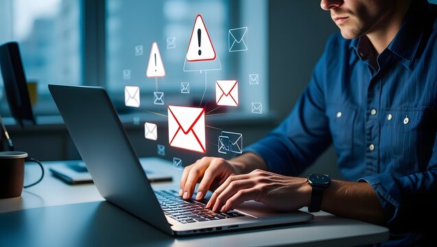 Spoofed emails and phishing scams with malicious attachments. Email and warning icons with exclamation marks. Man using laptop computer to check and respond to emails