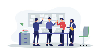 Group of people in a meeting room with laptops and sticky notes on the wall discussing ideas