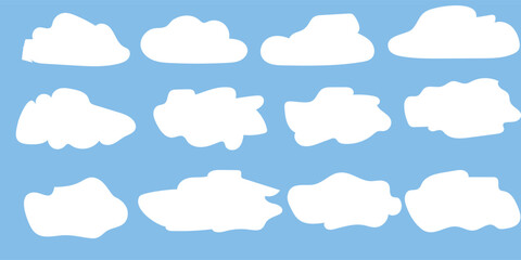 Set of white cloud icons on a blue background. Cloud shapes vary in size and form. Simple cloud design for weather or sky themes. Cloud icons in a grid layout. Weather illustration, vector set.