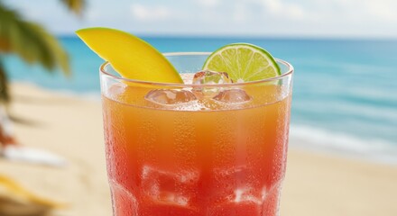 Refreshing Red Cocktail with Mango Slice at Tropical Beach Resort