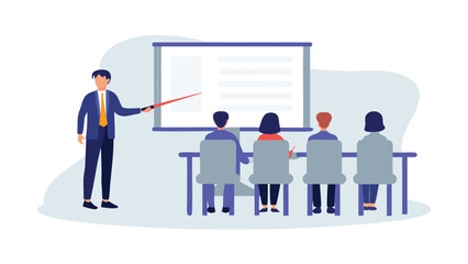 Man presenting to audience with pointer and screen in a meeting or conference setting illustration
