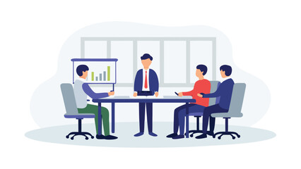 Illustration of a business meeting with four people and a graph on a whiteboard in an office