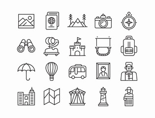 Sightseeing Trip Vector Icon Set with Adjustable Line Weight and Travel Theme  
