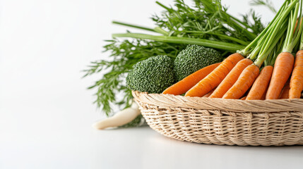 Fresh vegetable basket featuring vibrant broccoli and carrots, showcasing healthy eating and natural produce