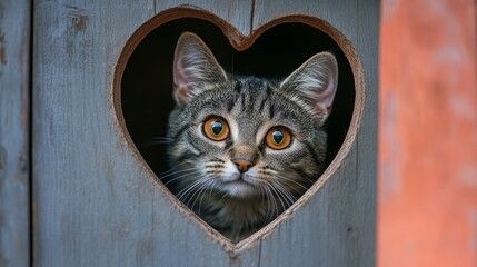 Cute tabby cat peering through heart-shaped hole in wooden birdhouse.