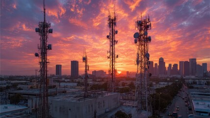 Sunset skyline with silhouetted communication towers. Neural network AI generated