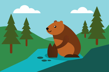 Fototapeta premium Beaver Building Dam in Forest Stream Vector