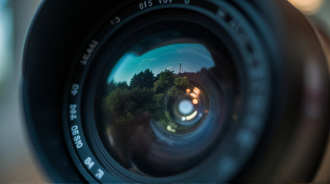 Fototapeta This close-up image showcases the intricate details of a camera lens, with a reflection of a landscape (trees and a building) visible within its depths.
