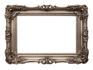 Classic baroque picture frame with ornate silver design, isolated on transparent background, perfect for showcasing artwork or photographs